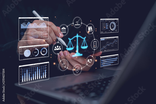 Legal technology concept with analytics dashboard, compliance management, digital governance and business intelligence. Virtual interface supports legal research, risk assessment and decision making.
