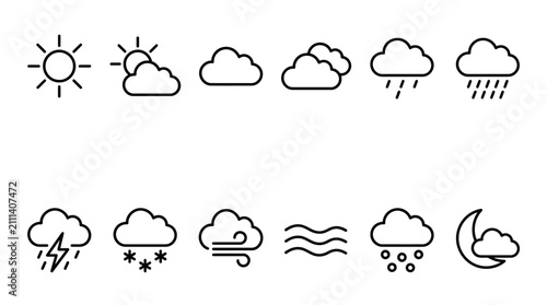 Weather forecast icons showing sunny, cloudy, rainy, and night scenes. Weather symbols for forecast, climate, and meteorology.