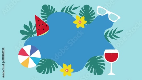 Tropical Summer Vacation Flat Design Animation With Beach Ball Watermelon Wine Palm Leaves and Floral Frame Background.