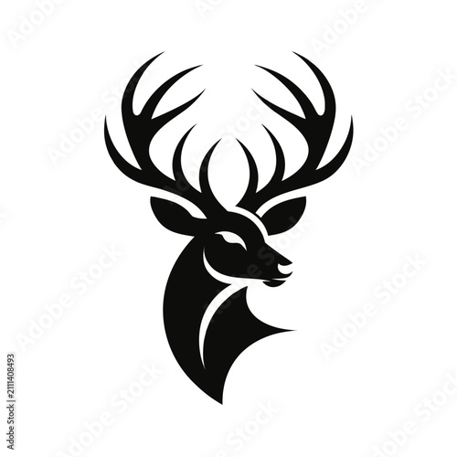 Minimalist Deer Head Silhouette Vector with Majestic Antlers Geometric shape.