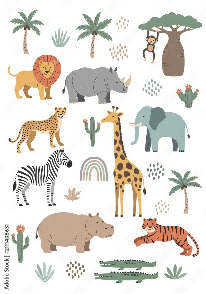 Obraz premium Cute African Safari Animal Collection with Lion Elephant Giraffe Zebra and Tropical Plants for Nursery Decor and Kids Design