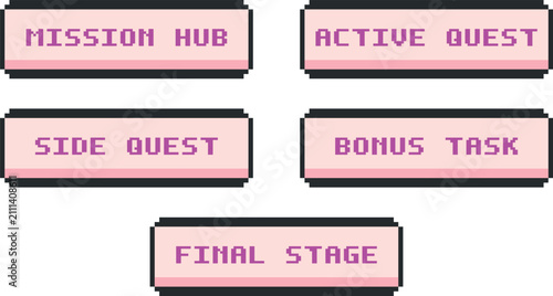 Pixel Element Game Button Set for UI Design. Bright pink buttons with text labels for gaming interfaces.