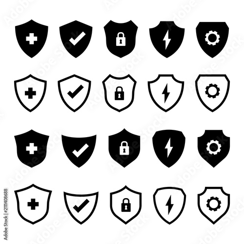 Set of minimalist shield security icons featuring medical protection, verified check mark, secure lock, lightning bolt, and settings gear symbols in solid and outline styles on a white background.