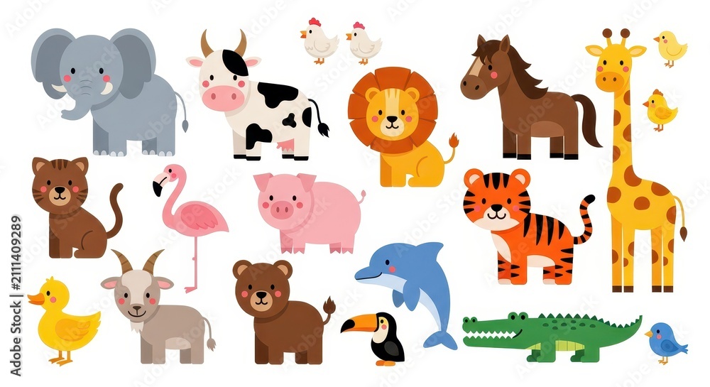 Obraz premium Large Collection of Cute Cartoon Animals Vector Illustration Set for Kids Education and Design Projects