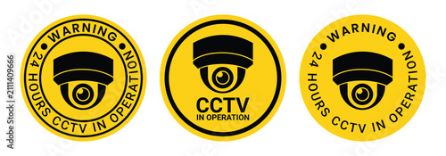 Bild auf Leinwand Cctv camera warning sign with yellow background and black silhouette security su