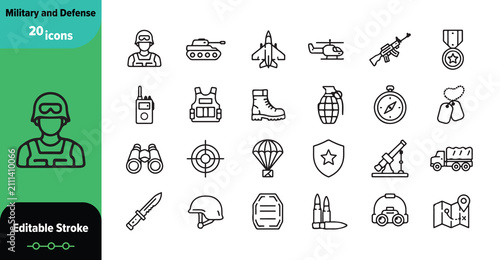 Military and Defense Outline Icon Set with Soldier, Tactical Equipment, Weapons and Security Symbols