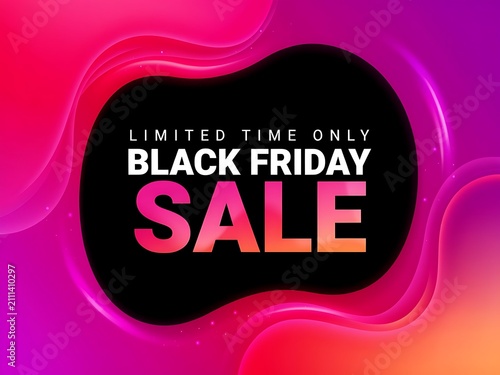 Black Friday sale announcement with limited time offer and vibrant pink purple orange background for shopping holiday discounts and promotional event