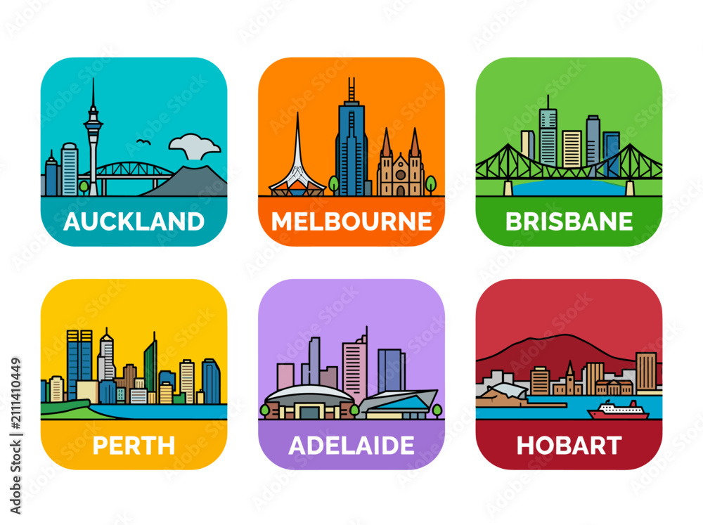 Obraz premium Australian City Landmark Badge Collection Featuring Auckland, Melbourne, Brisbane, Perth, Adelaide and Hobart Vector Illustration