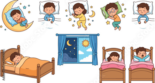 Cute kids sleeping in bed set with children slumbering on moon and waking up vector illustration collection