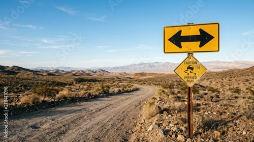 Road sign indicating a choice of directions on a remote unpaved desert road