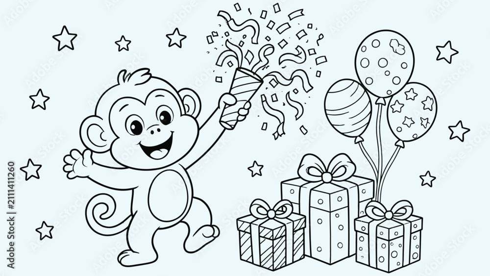 Fototapeta premium Happy cartoon monkey celebrating birthday with balloons and presents