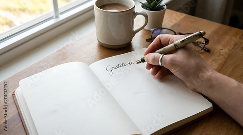 Top view of person journaling with pen and coffee.