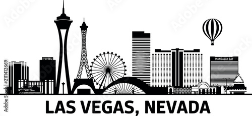 Las Vegas Nevada skyline black silhouette vector illustration featuring iconic city landmarks tower ferris wheel and hot air balloon