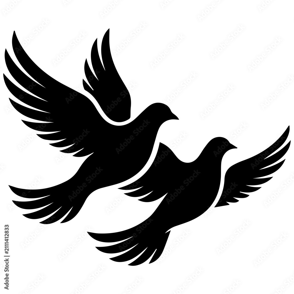 Fototapeta premium Two doves flying together. Silhouette of birds in flight representing peace and love.