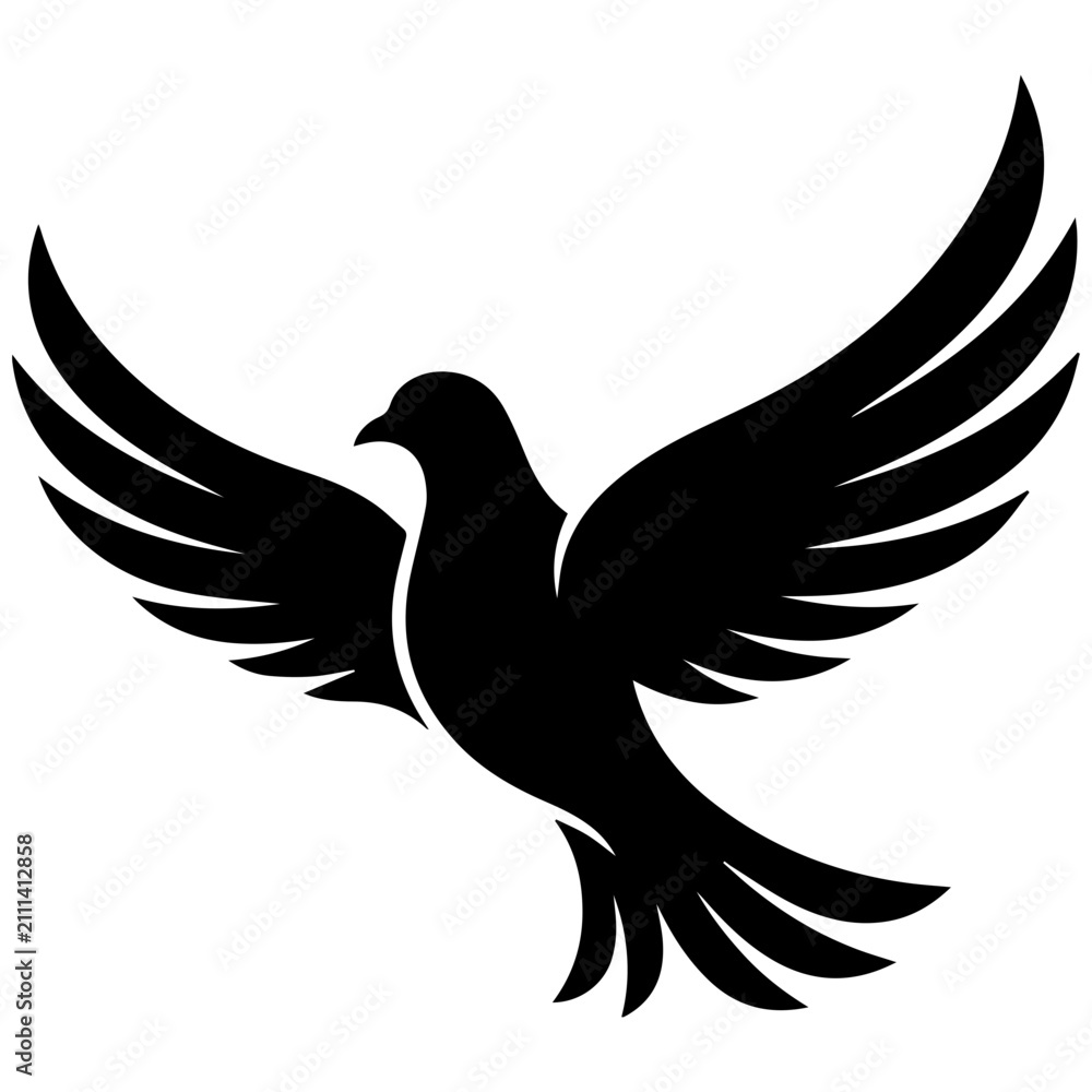 Fototapeta premium Flying dove silhouette with spread wings. Black bird icon representing peace and freedom.