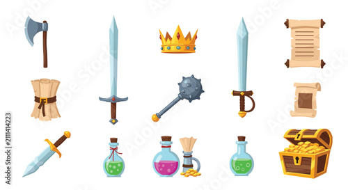 Colorful fantasy role playing game icons featuring weapons magic potions treasure and ancient scrolls for digital assets.