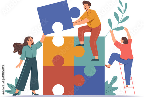 People Building Puzzle Together. Flat Vector Illustration for Teamwork, Cooperation, Community Unity and Collaborative Problem Solving.