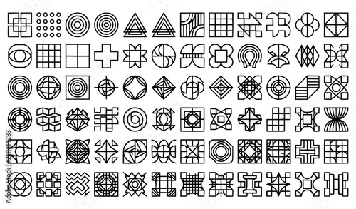 Retro geometric seamless pattern icon set in brutalist style minimal outline vector shapes collection