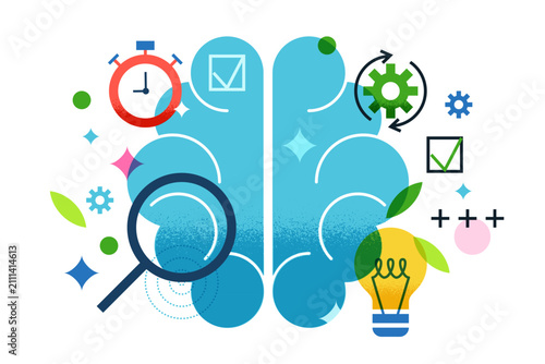 Vector illustration of brain with gears, magnifying glass, clock, light bulb. Concept for business productivity planning