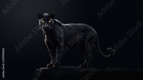 A sleek black panther standing on a matte black background with dramatic low-key lighting, subtle glossy fur highlights, intense glowing eyes, and a powerful elegant pose. The composition is minimal, 