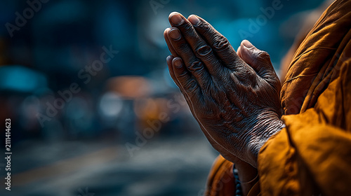 Close up of folded hands in prayer featuring traditional henna patterns and orange robe