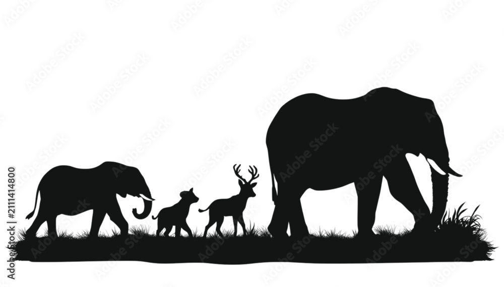Fototapeta premium Elephants and small deer walk together in this stylized silhouette graphic for animal design themes.