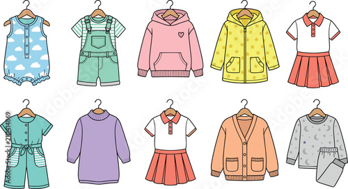Cute children clothing set vector illustration featuring seasonal outfits and apparel on hangers
