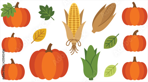 Autumn Harvest Vector Collection with Pumpkins, Corn, and Colorful Fallen Leaves for Seasonal Design