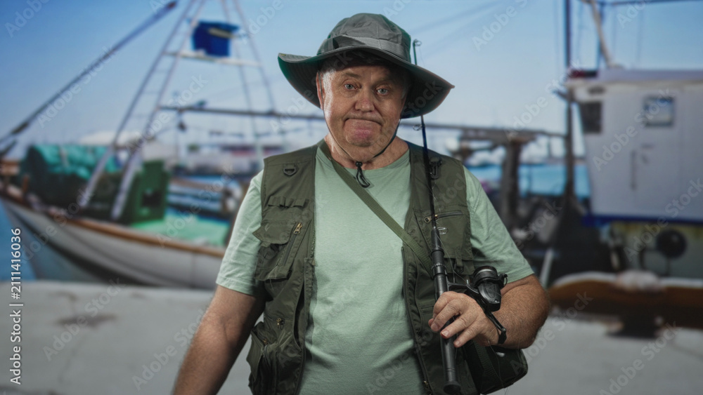 Fototapeta premium Man fisherman holding fishing rod and reel, wearing sunhat and utility vest before a boat backdrop in studio; quiet contemplation.