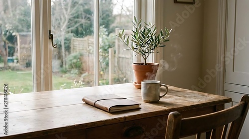 Notebook and coffee mug on rustic wooden dining table.