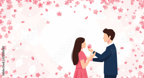 Romantic illustration of a couple standing together amidst a beautiful falling shower of pink cherry blossom petals.