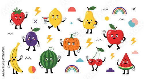 Fun collection of cute fruit characters with expressive faces and limbs including strawberry, watermelon, and apple.