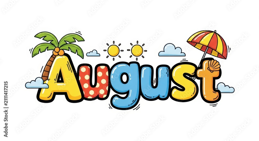 Obraz premium Vibrant Cartoon August Text with Summer Beach Elements like Palm Tree, Sun, and Umbrella on White Background.