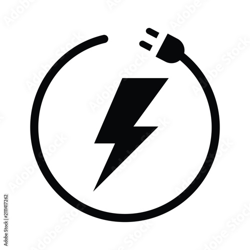 Obraz na plátne Electric power icon with lightning bolt and plug black silhouette on white backg