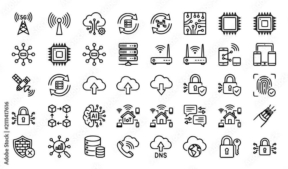 Fototapeta premium 5G Network and Digital Connectivity Flat Icon Set Vector