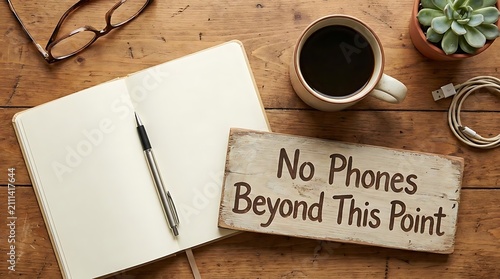 Notebook with coffee and no phones sign on desk.