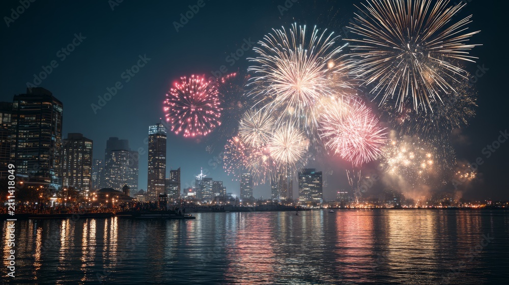 Fototapeta premium Colorful firework display over city skyline reflecting on water at night celebration