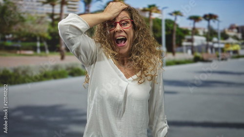 Photos Woman with hand on forehead and red glasses holding a startled expression on a sunny coastal street promenade with palm trees and benches; surprise forgetfulness