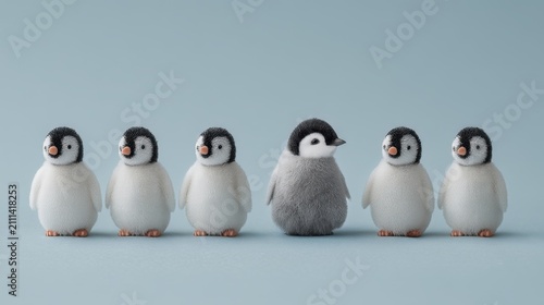 Adorable Group Of Cute Penguin Chicks Standing Together In A Row With One Unique Individual In The Middle