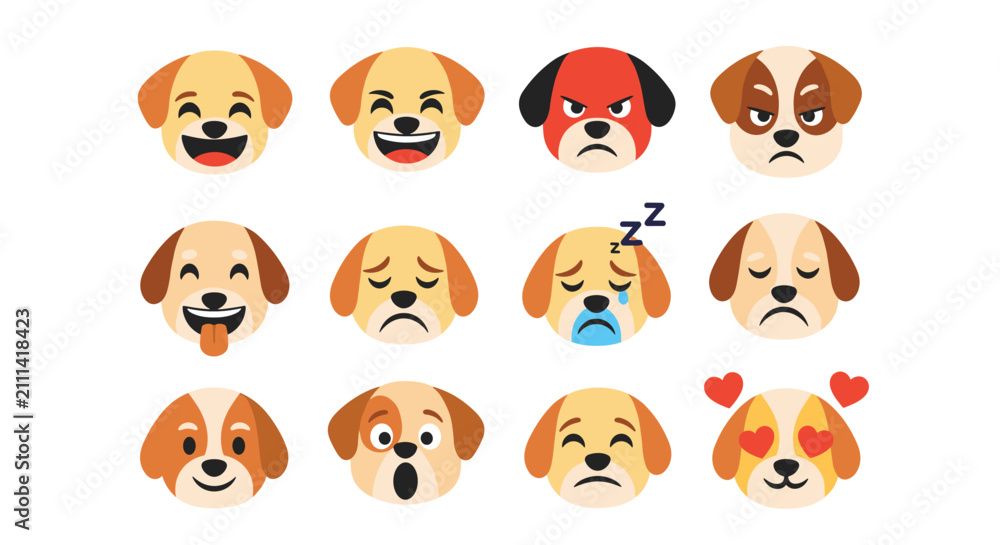 Fototapeta premium Collection of twelve dog emoji faces with various expressions such as happy, angry, sad, sleepy, surprised, and in love with heart eyes.
