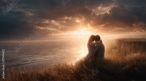 Couple Embracing During Romantic Sunset By The Ocean At The Edge Of The Cliffs