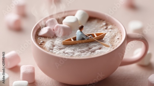 Tiny Figurine Paddling In A Warm Cup Of Hot Cocoa Surrounded By Fluffy Marshmallows