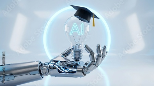 A robotic hand holding a glowing light bulb with a graduation cap floating above it representing artificial intelligence education