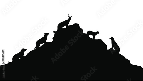 Mountain goats climb the jagged peak while standing against a bright white background for contrast.