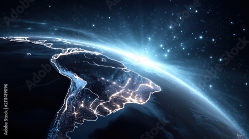 Breathtaking Nighttime Aerial Perspective Of South America Showcasing Glowing Cities And A Starry Sky