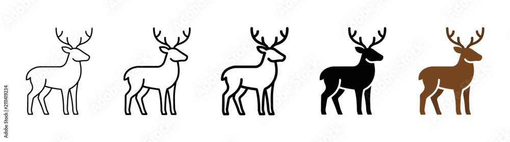Obraz premium Deer Icons Set: Outline, Silhouette, and Colored Representations on White Background