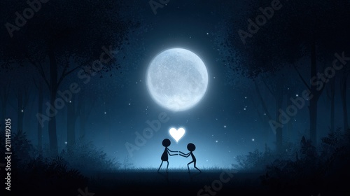 Silhouette Of Two Children Holding Hands Under A Full Moon With A Heart Shape In A Mystical Night Scene