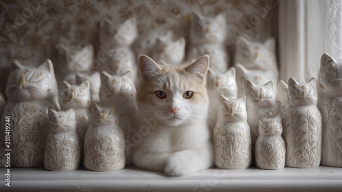 Elegant White Cat Gracefully Posed Among Beautiful Ceramic Cat Figurines In A Warm Inviting Environment