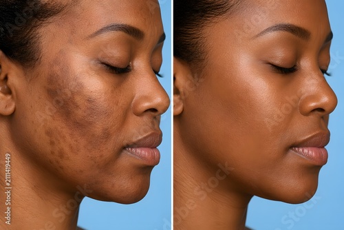 Before and after hyperpigmentation and melasma removal dark skin woman