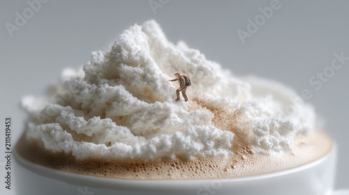 Small Adventurer Climbing A Soft Mountain Of Whipped Cream On A Delicious Coffee Drink